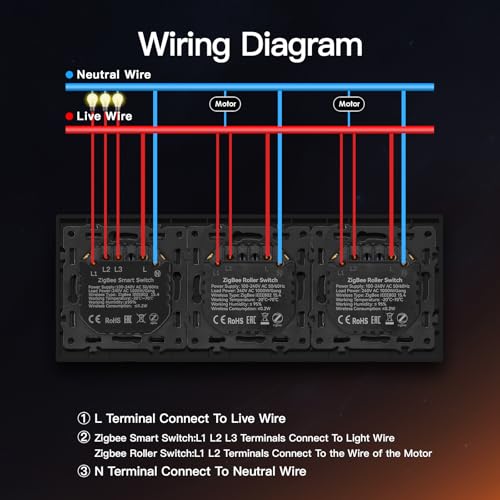 BSEED Zigbee Lichtschalter mit Doppel Rolladenschalter, Smart Schalter Unterputz Kompatibel mit Alexa/Google Home/SmartLife, PC Rahmen, ben&ouml;tigt Nullleiter & Zigbee-Gateway, 3 Fach 1 Weg, Schwarz