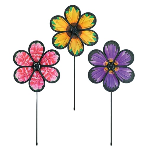 In the Breeze 2625 — 10-inch Realistic Flower Spinner Assortment - 3 Pack — Colorful Flower Wind Spinners for Yards and Gardens