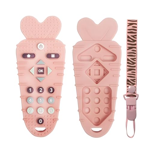Image of FEISFZHU Silicone Baby Teething Toys - Relief Teethers Toys for Newborn Infant Babies 3 6 9 12 Months Gifts -Baby Remote Control Shape Teething Toy BPA Free - Boys Girls Chew Sensory Toys (Pink)