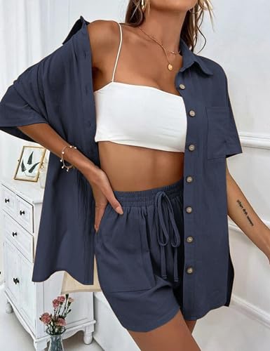 Image of APAFES Women Summer Cotton Linen Short Sets 2 Piece Shorts Top Lounge Beach Vacation Two Piece Outfits Tracksuits