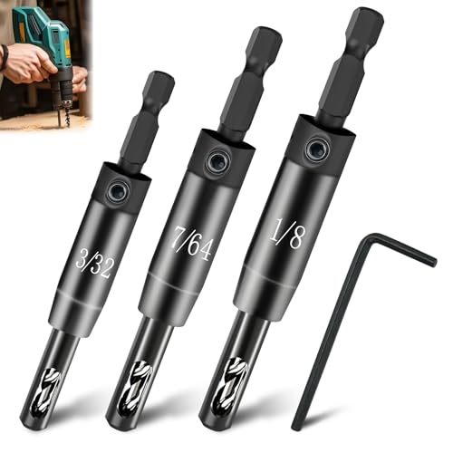 Upgraded Self-Centering Hinge Drill Bit Set, VIX Bit Self Centering Drill Bit CC2430 3/32', 7/64', 9/64', 1/4 Inch Hex Shank for Precise Cabinet & Door Installation, Drilling Pilot Holes