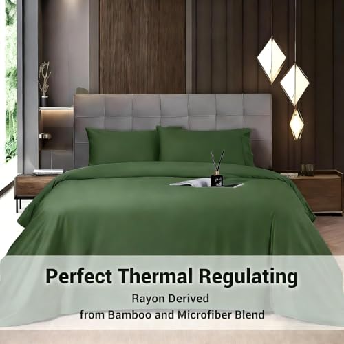 Image of Shilucheng 4 Piece Queen Sheet Sets, Cooling Sheets, Blend Rayon Derived from Bamboo, Deep Pocket Up to 16 inch, Breathable & Soft Bed Sheets, Hotel Silky Bedding Set, Olive Green