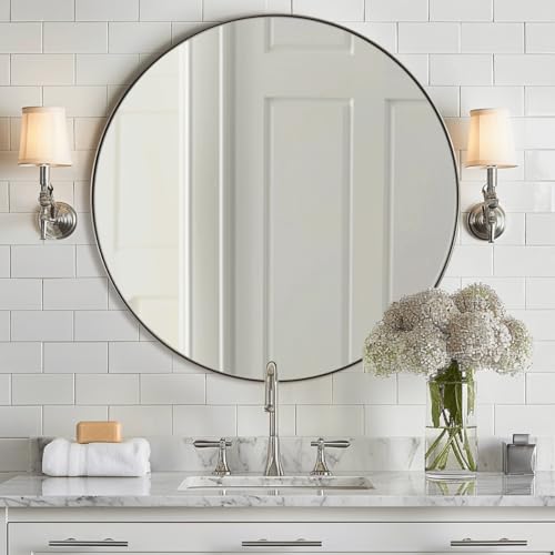 Image of ANDY STAR Round Mirror, 36 inch Circle Bathroom Mirror in Stainless Steel Metal Frame, Modern Vanity Mirror for Bedroom, Entryway, Living Room, Contemporary 1 inch Deep Wall Mount