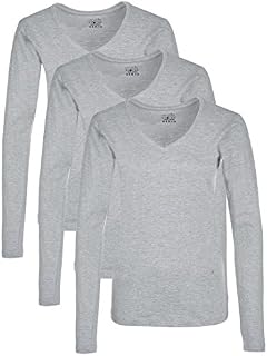 Berydale Damska koszulka z długim rękawem, 100% bawełna, dekolt w serek V-Neck (3 szt.)