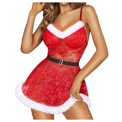 RSLOVE Lingerie de Noël pour Femmes Babydoll en Dentelle Chemise Sexy Santa Robe Teddy Rouge M
