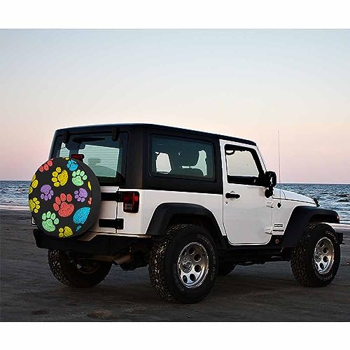 Image of Colorful Paw Prints Spare Tire Cover Dog Puppy Cartoon Cute Footprint Doodle Style Weatherproof Universal Wheel Protectors Camper Tire Covers for Trailer Rv Travel(17 inch)