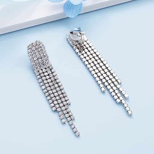 SELOVO Tassel Fringe Dangle Earrings Clear Crystal Party Drop Clip On Earrings3