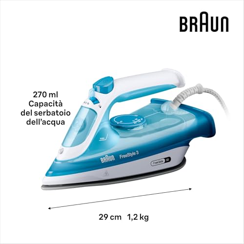 Braun FreeStyle3 FI3144BL Ferro da Stiro con 5 Anni di Assistenza, Risparmio Energetico, Tecnologia FreeGlide 3D, vapore 170g/min, AutoSpegnimento, Serbatoio acqua 270ml, 2400W,manico aperto, Blu - Immagine 4