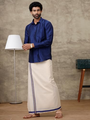 Image of RAMRAJ COTTON Men Parsley Silk Cotton Full Sleeves Shirt with Matching Border Tissue Dhoti Set