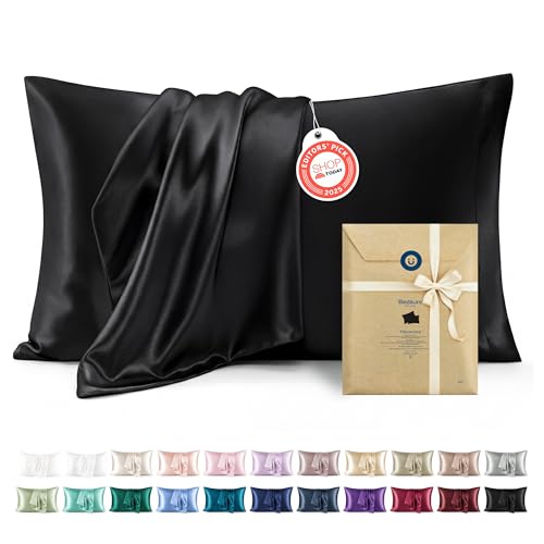 Bedsure Satin Pillowcase 2 Pack Similar to Silk Pillow Cases Standard Size, Pillow Case for Sleeping Women with Envelope Closure, Gifts for Women Men, Black, 20x26 Inches, 2pcs