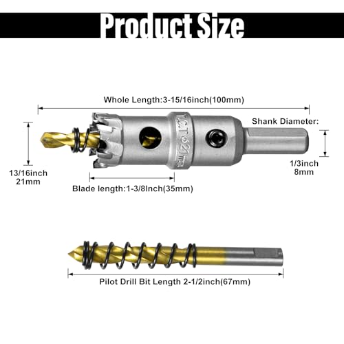 Image of SALI 13 /16 inch (21mm) TCT Hole Saw Kit Tungsten Carbide Tipped Hole Saw Drill Bit with Titanium-Plated Pilot Drill bit for Metal, Stainless Steel, Iron, Wood, Plastic