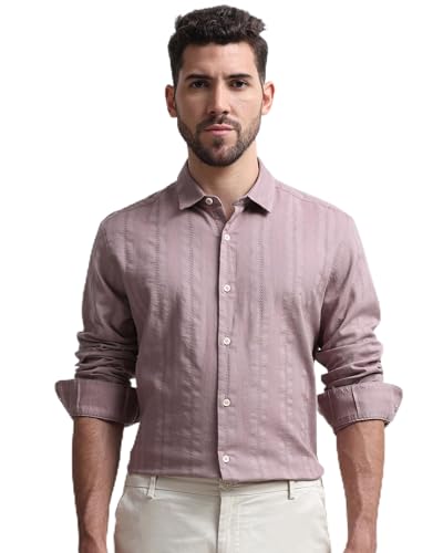 Image of MUFTI Men Shirt | Slim Fit Spread Collar Striped Design | 100% Cotton Dobby Fabric for Smart Casual & Business Casual Wear