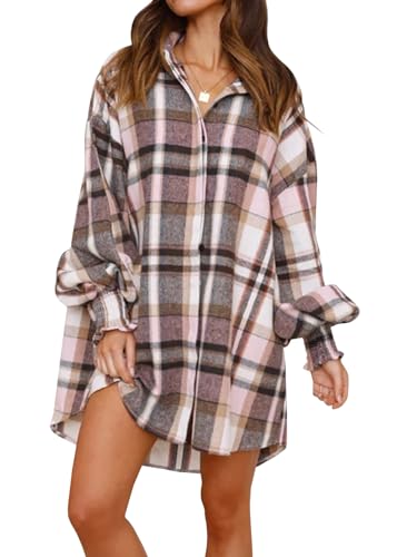 Danedvi Womens Oversized Flannel Plaid Shirts Jacket Button Down Long Ballon Sleeve Boyfriend Shacket Coats