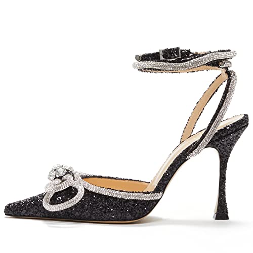 Women's Heeled Sandals Pointed Toe Crystal Heart Glitter Pumps Rhinestones Embellished Ankle Strap Slip-On Stilettos Wedding Party Dress Shoes2