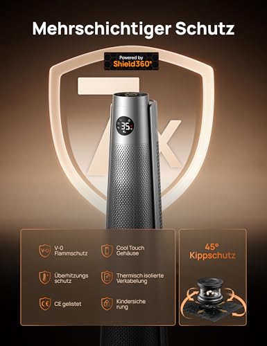 Dreo Heizlüfter Energiesparend, 2000W Elektrische Heizung mit Fernbedienung, 25 dB Leise,120° Oszillation, Thermostat, 5 Heizstufen & 3 Lüfterstufen, 7-facher Schutz, 12H Timer, PTC Keramik Heizlüfter – Bild 5