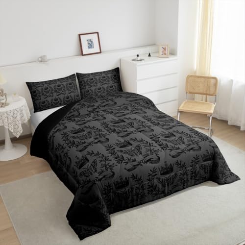 Image of Feelyou Kids Moth Skull Set Toddler Size, Vintage Demask Bedding Set Black Demask for Kids Boys Girls Floral Duvet Insert Room Decor with 1 Pillow Case