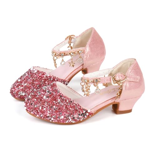 ChuLian Little Kids Girls Dress Pumps Glitter Sequins Princess Low Heels Mary Jane Party Dance Shoes Rhinestone Sandals Pink 28