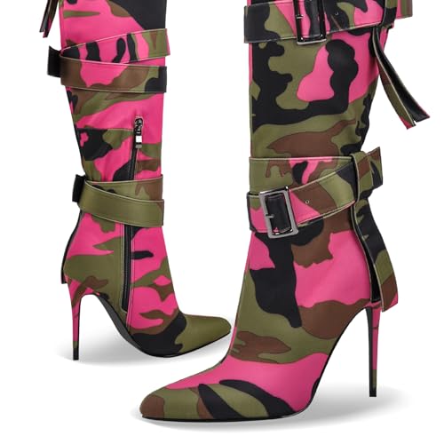 richealnini Women's Thigh High Boots with Straps Canvas Stiletto Heel Sexy Pointed Toe Party Riding Boots3