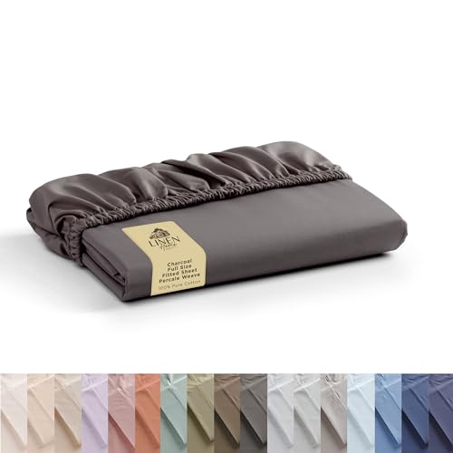 Linen Home 100% Cotton Percale Fitted Sheet only, Full Size, Charcoal