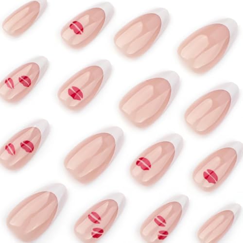Image of French Tip Lip Print False Nails - Medium Almond Glossy Artificial Acrylic Full Cover Stick on Nails for Women's Valentine's Day Manicure