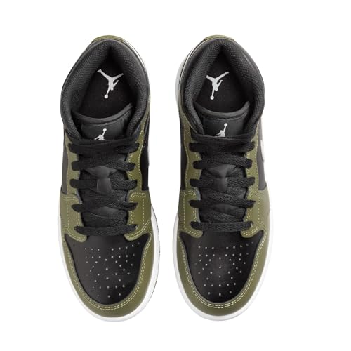 Image of Air Jordan 1 Mid Big Kids' Shoes (DQ8423-092, Black /Medium Olive /White) Size 3.5