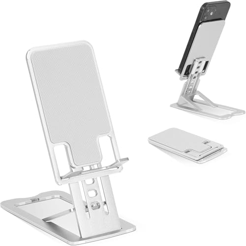 Image of Elfora Aluminum Ultra-Thin Alloy Mobile Phone Tabletop Stand | Multiple View Angles and Height Adjustments | Foldable Mobile Holder Compatible for iPhone, Android & Other Mobile Phones (Silver)