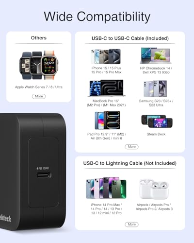 Image of Nekteck 100W USB C Charger, Compact and Foldable Fast Charging GaN IV Charger with 6.6 Ft Cable, Compatible with MacBook Air /Pro, iPad Pro and All USBC Devices (Black)