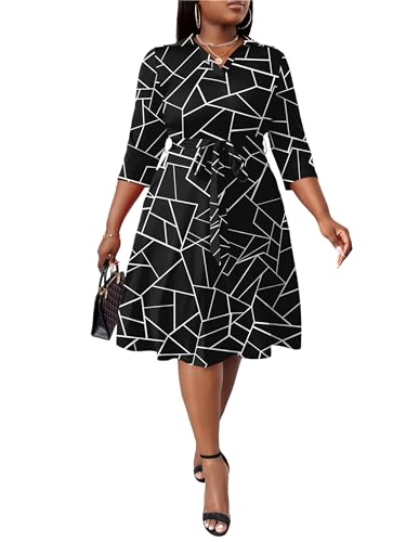 Image of FANDEE Plus Size Midi Dress for Women - Printing Summer Dresses for Wedding Guest Cocktail Party 3 /4 Sleeve V Neck(L-5XL)