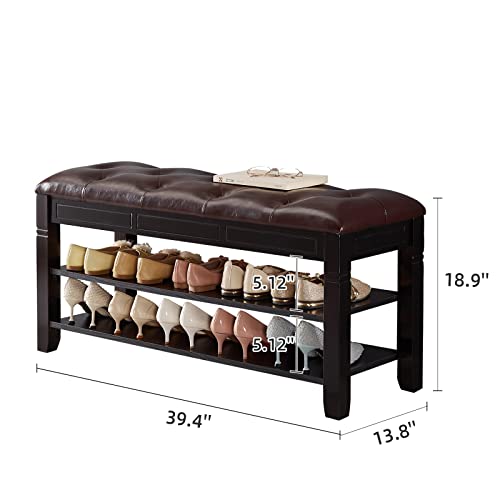 ZIRKOOON Shoe Storage Bench, Entryway Shoe Rack with Fiberleather Seat 2-Tier Lift Top Organizer Wooden Shoe Bench for Entryway Hallway Living Room (Black 39.4x13.8x18.9'')