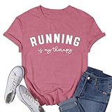 VQD Womens Running Shirt Workout Marathon Tshirt Running is My Therapy Runner Tee Top Pink