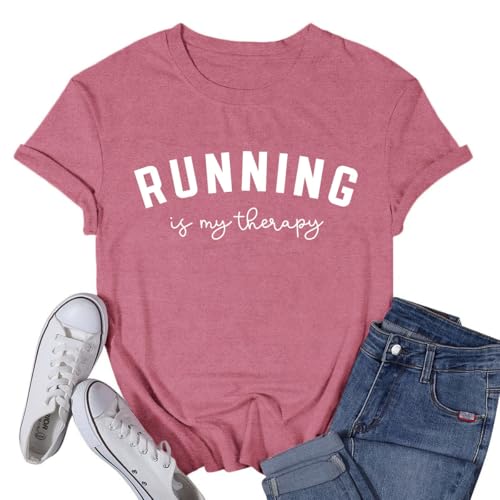 VQD Womens Running Shirt Workout Marathon Tshirt Running is My Therapy Runner Tee Top Pink