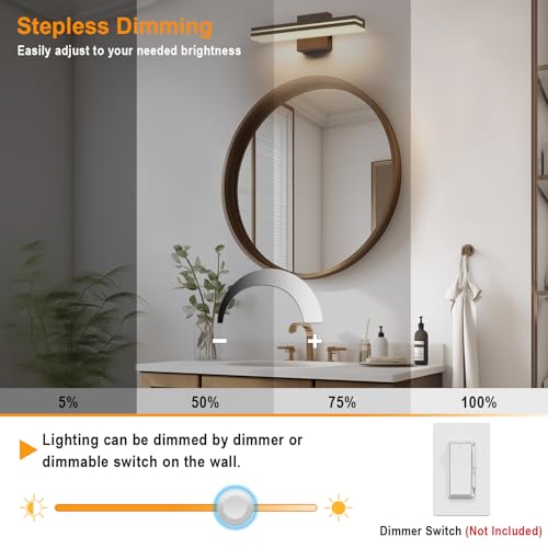 Image of SineRise LED Modern Bathroom Vanity Light Fixtures (16-Inch, 3000K /4000K /6000K, Dimmable), Brown Wood Painted Modern Acrylic Bathroom Wall Lighting Fixtures Over Mirror