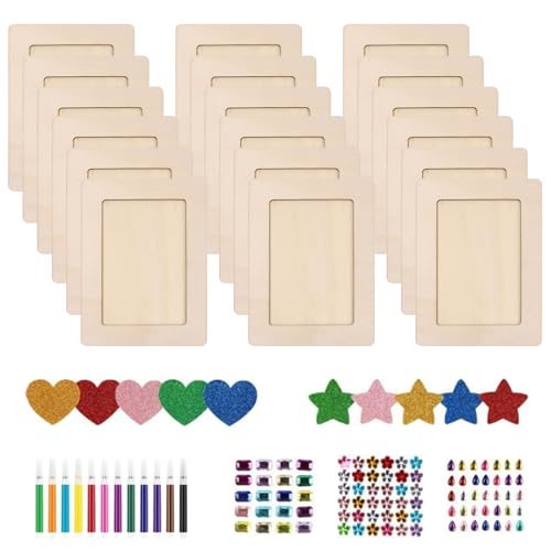 Lot de 18 Cadres Photo en Bois 20x15cm, Cadre DIY Vierge à Peindre, avec Autocollants Strass Étoiles et Cœurs, Projets Créatifs pour Enfants Affichage de...