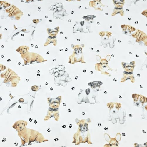 Textrend Baumwollstoff Meterware - Stoff zum Nähen - 100% Baumwolle - Textilien 1x1.6m - Stoffe Meterware - Katzen und Hunde Muster (Beige und weiße Hunde auf weißem Hintergrund)