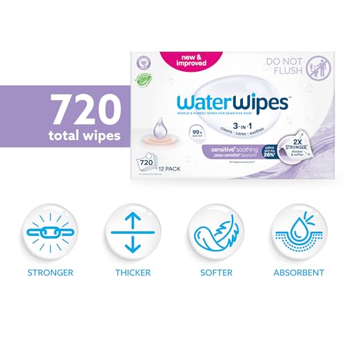 Image of WaterWipes Plastic-Free Soothing Clean 99% Water Based Botanical Baby Wipes, Unscented & Hypoallergenic for Sensitive Skin, 12 Resealable Packs (720 Wipes)