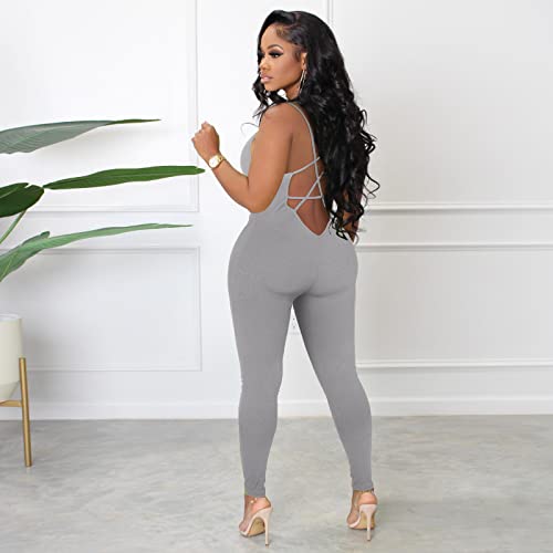 Lnmuld Jumpsuits For Women Casual Women's Sleeveless Backless Bandage O Neck Long Sleeve Jumpsuit Rompers Bodysuit Catsuit Grey #TOP6