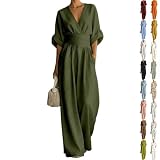 Combinaison Femme Chic pour Soirée Blanche Rouge Beige Rose Verte Mariage Tenue Légère Combinaison Femme Été Manche 3/4 Col V Jambe Large Playsuit XS Romper Combishort Élégante Polyvalente Respirante