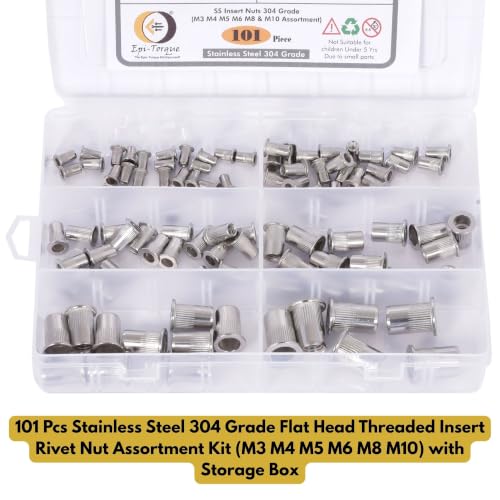 Image of Epi-Torque Stainless Steel 304 Grade Flat Head Threaded Insert Rivet Nut Assortment Kit (M3 M4 M5 M6 M8 M10) with Storage Box - 101 Pieces