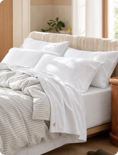 Image of Bedsure PureWoven 100% Washed Cotton Sheets Queen, Linen-Like Feel, 6PCS | Cotton Percale Sheets, Breathable & Relaxed, 18 inch Deep Pocket, Rustic Minimalist Farmhouse Style, Effortlessly Care, White