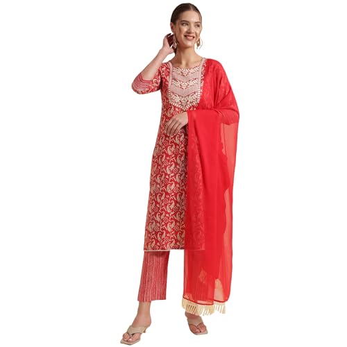 Image of NAINVISH Cotton Blend Kurti Pant & Dupatta | Kurta Set for Women | Women Kurta Pant Dupatta Set | Kurta Pant with Dupatta Set | Embroidered Kurta Pant Dupatta Set