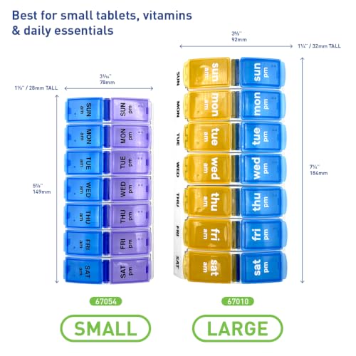 Image of Ezy Dose Weekly (7-Day) AM /PM Pill Organizer, Large Case, Blue /Yellow | Daily Vitamin & Supplement Medicine Box, Spacious Pop-Out Compartments, 2 Times a Day Pill Holder, Travel-Friendly, BPA-Free