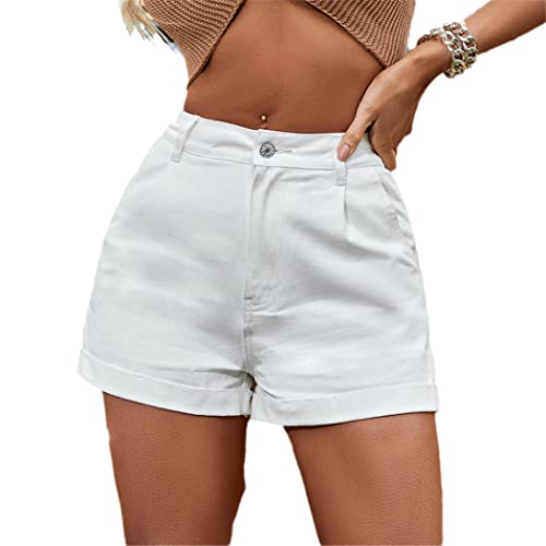 Short en jean droit taille haute blanc en coton pour femme avec poches et ourlet roulé taille M