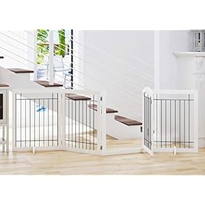 SPIRICH 96-inch Extra Wide 30-inches Tall Dog Gate with Door Walk Through, Freestanding Wire Pet Gate for The House, Doorway, Stairs, Pet Puppy Safety Fence, Support Feet Included (White)