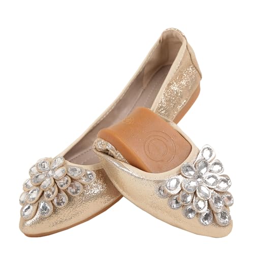 Flats Shoes for Women Rhinestone Wedding Ballerina Shoes Foldable Sparkly Comfort Slip on Flat Dressy Flats
