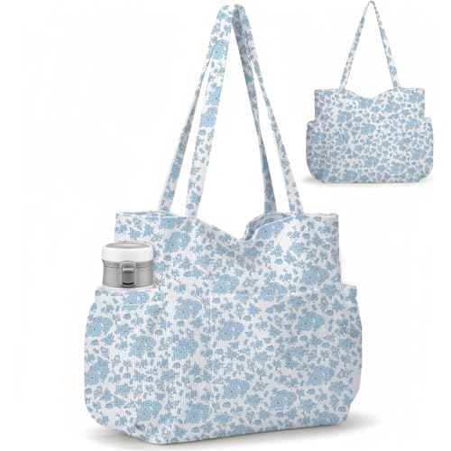 Corduroy Tote Bag for Women, Large Capacity Cute Tote Bags With 6 Pockets, Laptop Tote Bag Crossbody Shoulder Handbag Teacher Nurse Bags for Work Travel Gym(Blue Flowers) - image 1