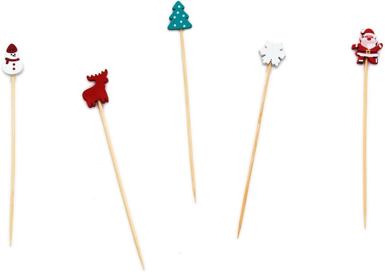Two's Company Holiday Cocktail Picks – 36-Piece Bamboo Skewers in 5 Festive Designs – Charcuterie, Appetizer, Drink Picks – Gift Boxed, 4.75-Inch Long