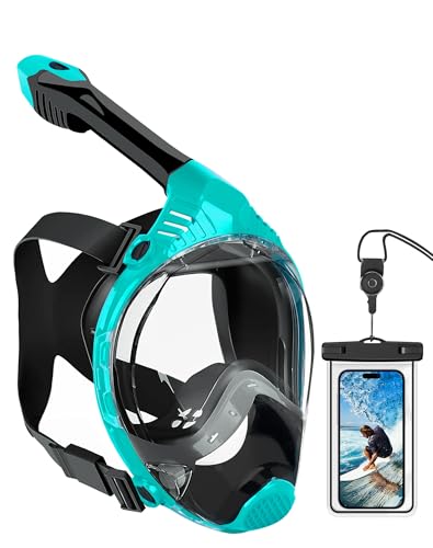 VGKE Máscara de snorkel facial completa para adultos, equipo de snorkel con funda impermeable para teléfono, unisex para hombres y mujeres, vista panorámica HD de 180 grados, a prueba de fugas y anti-vaho, respiración libre