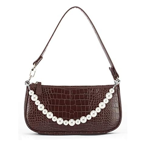 Retro Shoulder Bag, 90s Shoulder Bag with Vegan Crocodile Embossing Print, Small Shoulder Bag, Handbag for Women, Hobo Bag, Mini Bag, Shoulder for Women, Brown + Chain, 28x14x4cm Cover