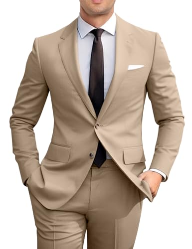 Men's Slim Fit 2 Piece Suit, Two Button Solid Suit Jacket Pants Set, Wedding Prom Suit