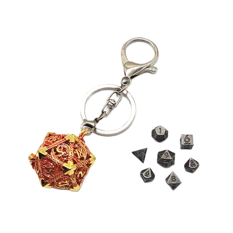Mini juego de dados de metal DND con dragón volador hueco D20, llavero de dados de metal antiguo, juego de dados de metal pequeño, portátil, 7 piezas, dorado y rojo